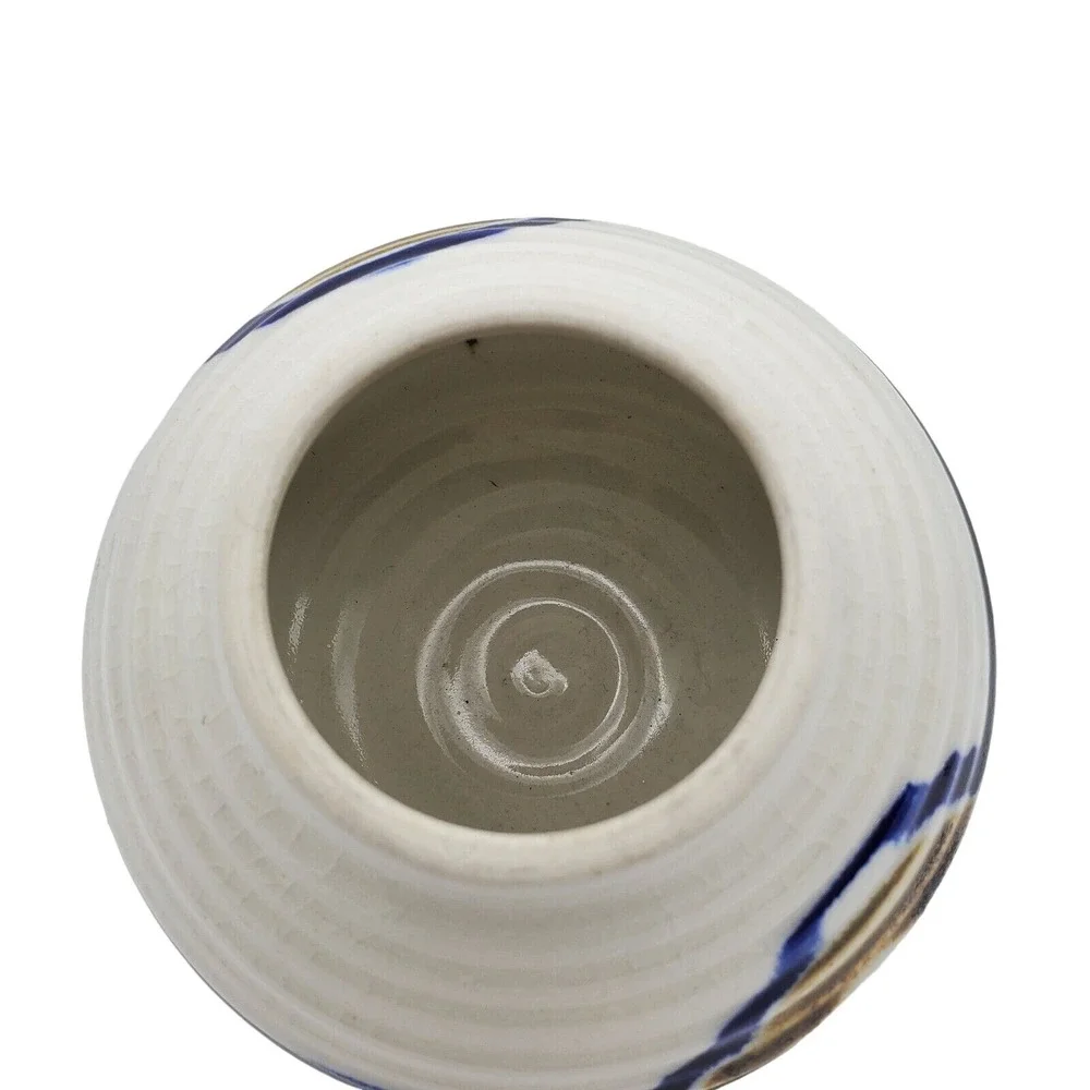 Art Pottery Squat Vase Round‎ Signed Hand Painted Arts & Craft Striped Pot Vtg